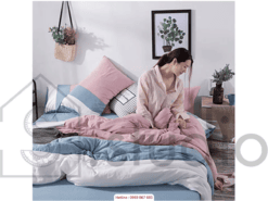 Bộ vỏ chăn ga gối cotton đũi phối 3 màu cao cấp - Xanh hồng trắng (150 - )
