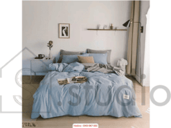 Bộ Chăn Ga Gối Cotton TC Xanh Pastel Phối Ga Ghi (150 - 1)
